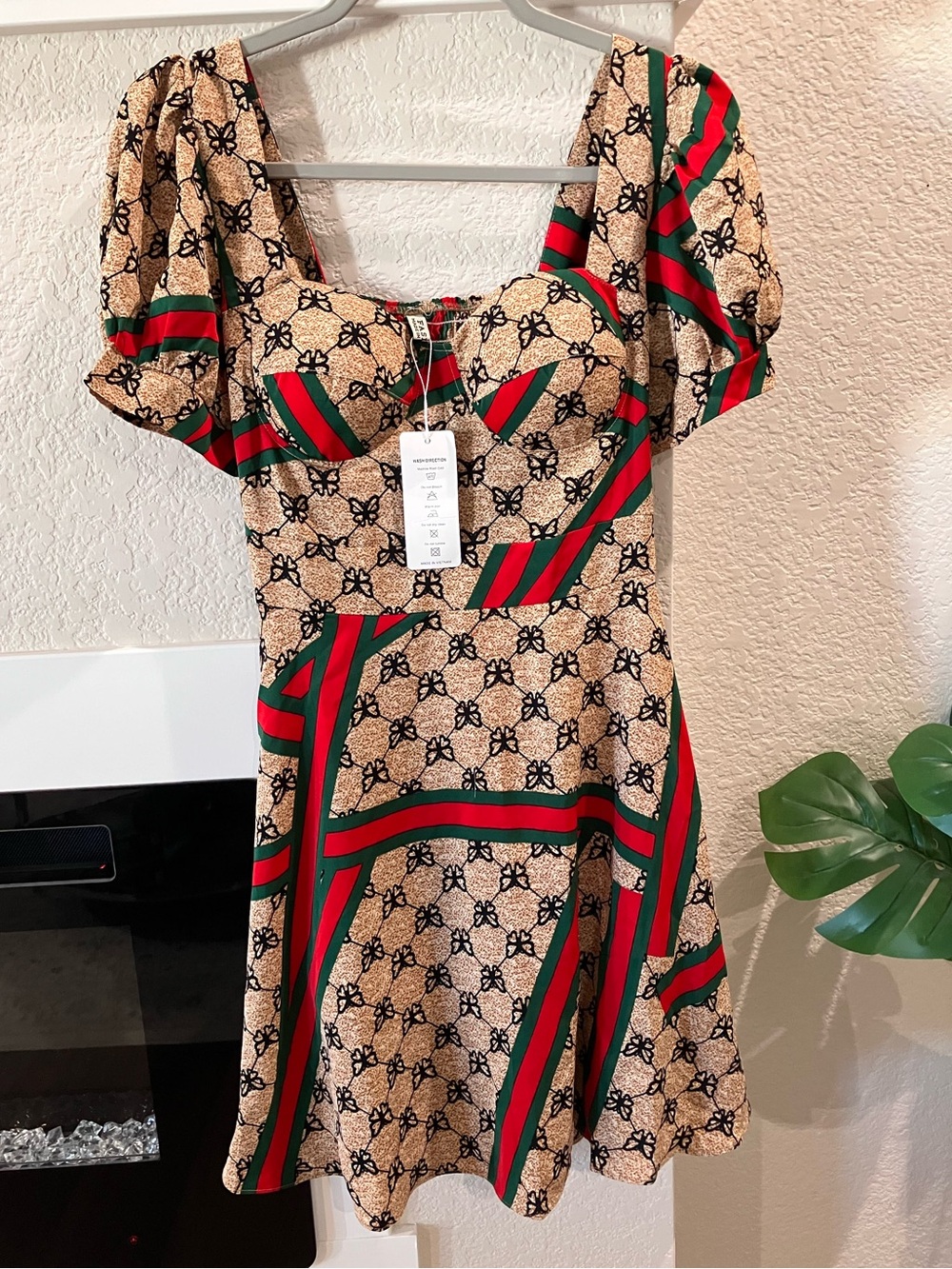 Butterfly -Print Puff Sleeve Dress with Red & Green Stripes